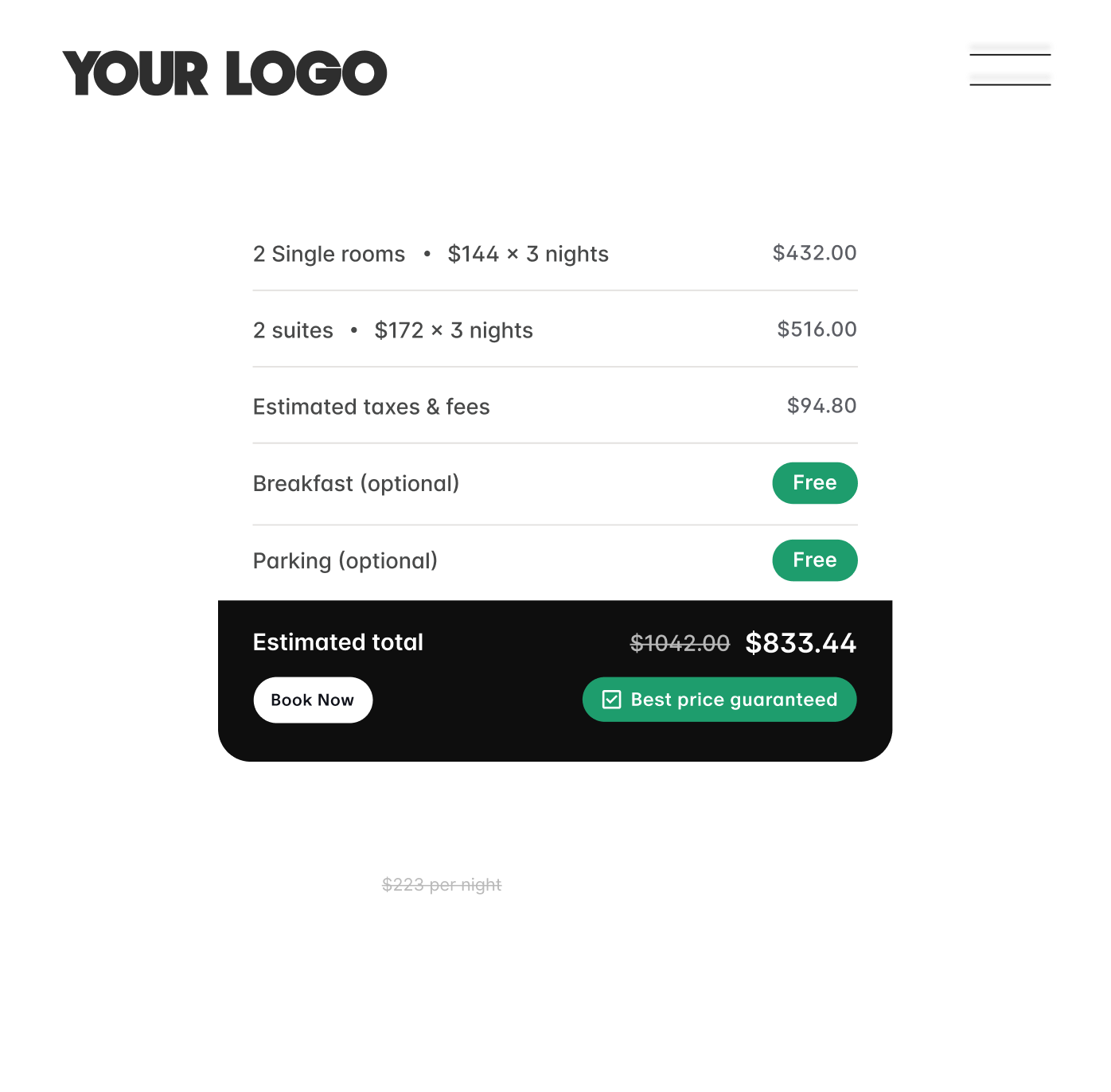 Pricing breakdown with estimated total